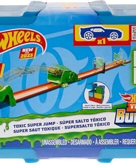 Hot Wheels - Track Builder Toxic Pit Jump, set with 1 car and 10 track pieces, modular and stackable box, toy for children aged 4+, HKX47