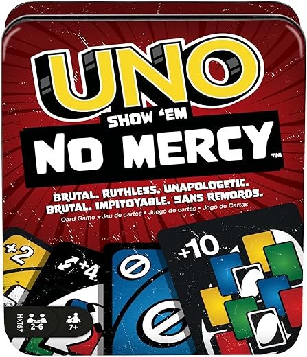 Mattel Games - UNO No Mercy, la versione di UNO pi&ugrave; brutale di sempre, Multicolore confezione in metallo, con 56 nuove carte, regole speciali 10, giocattolo per bambini, 7+ anni, HXT57