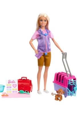 Barbie Career – Animal Rescue & Recovery Playset with Blonde Doll, Monkey, and Tiger Cub, Includes Carrier and Accessories, Toy for Kids, 3+ Years, HRG50
