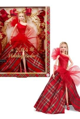 Barbie Signature Doll, Holiday Blonde Fashion Doll with Plaid Dress and Skirt, Seasonal Collectible Gift in Display Packaging, HRM65
