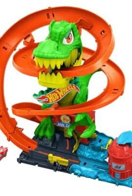 Hot Wheels City - T-Rex Firefight Battle, fire station playset with rotating-eye dinosaur and racing track, including a fire truck, toy for kids aged 4+, JBM73