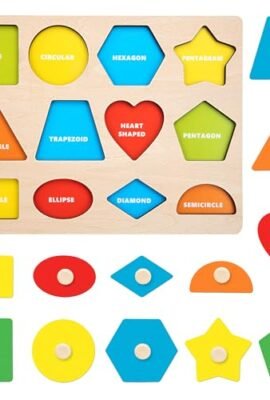 Wooden Puzzle – Montessori Geometric Shapes, Pegboard Sorting Board with Color Selector and Knob Puzzles – Educational Preschool Stacking Games – Gift for 1–2–3 Year Old Children