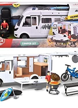 Dickie Toys - Playlife Camper Set, Hymer B-Class Motorhome, featuring a panel, side door, storage compartment, and opening roof, Includes a character, E-Bike, BBQ with lights, paddling activity, and a table with chair