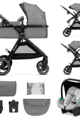 Kinderkraft ESME Trio 3-in-1 Baby Stroller up to 26 kg, featuring an I-SIZE Car Seat for babies 40–75 cm, a reversible Pram with both parent-facing and forward-facing options, foldable design, Gray.