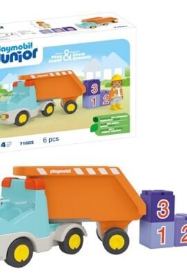 PLAYMOBIL Junior 71685 Construction Site Truck, including a construction worker and three stackable stones, a sustainable toy made from plant-based plastic, for children aged 12 months and up.