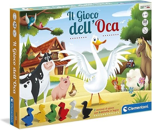 Clementoni-Il Gioco dell'Oca, Giochi da Tavolo Classici di Societ&agrave; per Bambini 6+Anni e Tutta la Famiglia, 2-6 Giocatori con Paperelle in Legno 2 Modalit&agrave; di Gioco Made in Italy, Lingua Italiana 12927